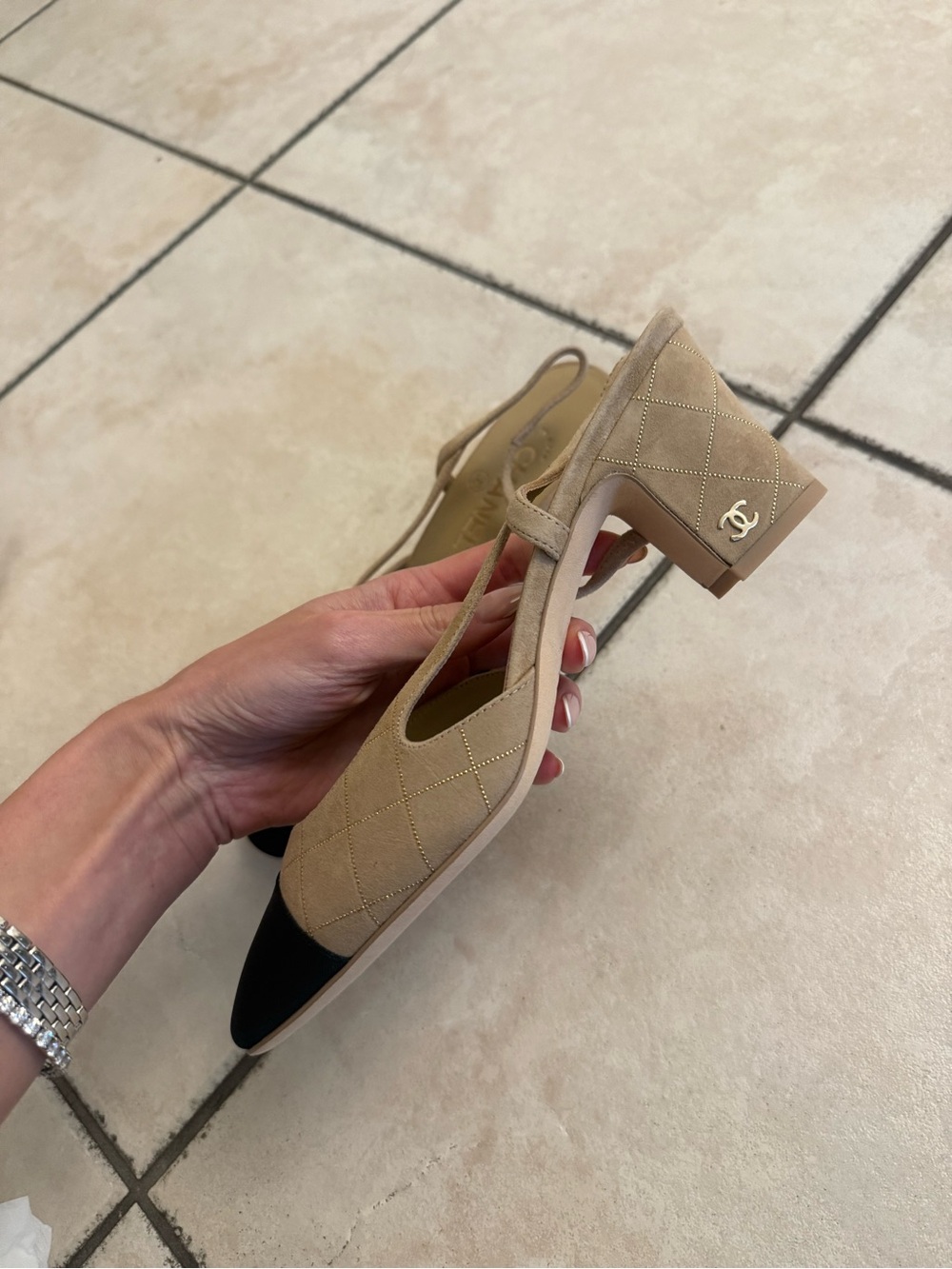 CHANEL Beige and Black Quilted Slingback Block Heel Pumps (medium heel) - Picture 6 of 6